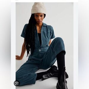 We The Free Marla Cord Blue Corduroy Utility Inspired Pockets Cropped Jumpsuit